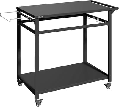 Buitenkeuken op Wielen – BBQ Trolley – Met Opbergkast & Planken – Werktafel voor Buiten – Staal & Metaal – Multifunctioneel – Zwart