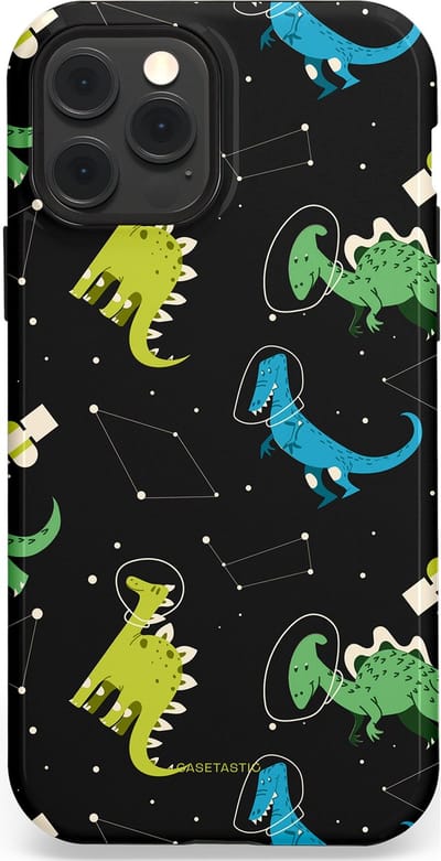 Casetastic hoesje geschikt voor Apple iPhone 12 / Apple iPhone 12 Pro - MagSafe - Dubbellaagse bescherming - Dino in de sterren - Fashion Case - Zwart Groen