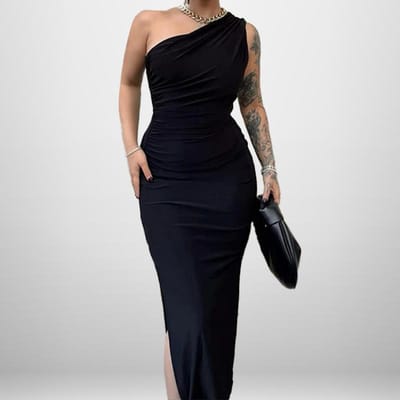 Dames Temperament, Elegante en Modieuze Sexy Effen Kleur Split Off-shoulder Rugloze Jurk 3XL zwart