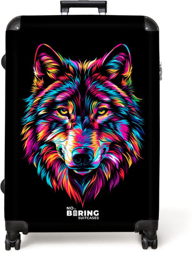 NoBoringSuitcases.com® - Koffer groot - Reiskoffer lichtgewicht - Wolf - Neon - Abstract - Rolkoffer met 4 wielen - Grote trolley XL - 98 liter bagage