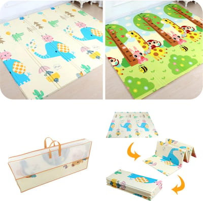 MIRO® Speelmat Baby Foam XL - Kruipmat - Opvouwbaar - Olifant & Aapje - Kinder Speelgoed 1 Jaar - Dubbelzijdig Speelkleed - Tummy Time - Babygym 180 x 200CM - Incl. Opbergtas