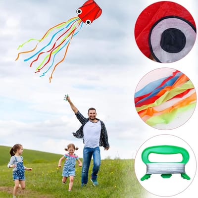 Set van 2 vliegers met 100 meter lijn, grote octopus vlieger, eenvoudig te gebruiken, ideaal voor kinderen en volwassenen