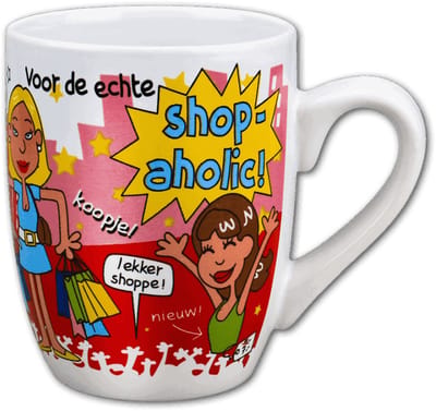 Mok - Snoep - Voor de echte Shop- aholic - Cartoon - In cadeauverpakking met gekleurd krullint