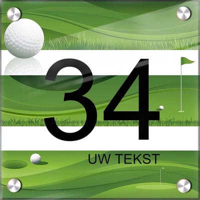 Huisnummer naambord plexiglas 15x15x0,5cm Golf design- met naam bedrukken Huisnummerbordjes, Naambordje voordeur, naamplaatje voordeur, huisnummer bord, huisnummer borden