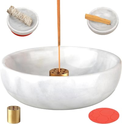 Wierookhouder - Natuurlijke marmeren wierookbrander met 9 gaten - Handgemaakte wierookstokbrander - Ideaal voor meditatie - Vlekken decoratie - Gemakkelijk te grijpen wierook as (wit)