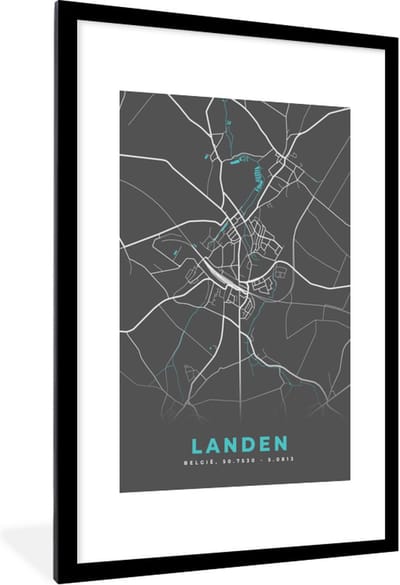 Fotolijst incl. Poster - Stadskaart – Grijs - Kaart – Landen – België – Plattegrond - 80x120 cm - Posterlijst