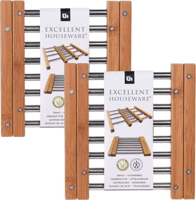 Excellent Houseware Panonderzetter - Set van 2x stuks - uitschuifbaar - 21 x 22 cm - bamboe en rvs - verstelbara