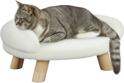 PawHut Hundesofa, Hundebett, Haustiersofa mit Erhöhtem Design, Hundecouch, Katzensofa, Hundesessel mit Holzbeine, Flanelle, Creme, 47 x 40 x 20 cm