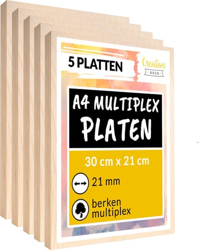 Creative Deco 5 x A4 multiplex plaat 21mm | 300 x 210 mm | berken multiplex laser-geschikt dun hout blanks | perfecte plaat voor lasergraveren, lasersnijden, fretwork, pyrografie, CNC router