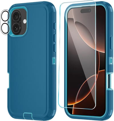 Stravo Heavy Duty Hoes voor iPhone 16 – Blauw – Schok- & Stofbestendig – 3-laags Bescherming met Ingebouwde Screen- & Lensprotector