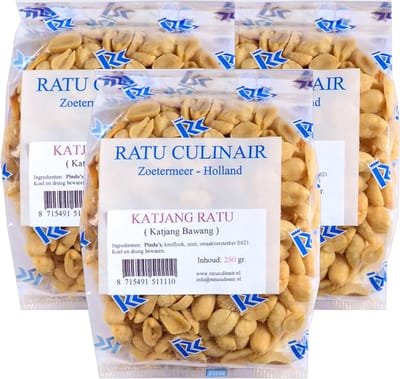 Ratu Culinair® | 3 x 250g Katjang Ratu | Katjang Bawang | pinda's | gefrituurde knoflook snippers