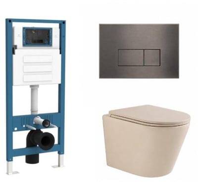 QeramiQ Dely Toiletset - inbouwreservoir Qeramiq Flush - slim zitting - metaal gunmetal bedieningsplaat - rechthoekige knoppen - beige