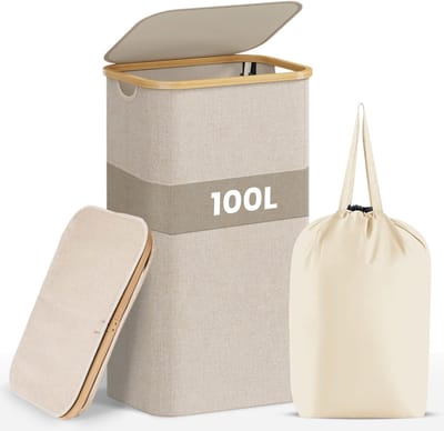 Nolad - Wasmand - Wasmand met deksel - Uitneembare waszak - Opvouwbaar - 100L - Beige