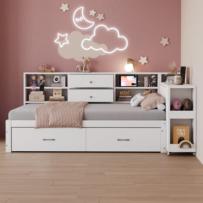 MIVRAY Eenpersoonsbed 90x200 Cm - Met Uitschuifbaar Bureaublad En Opberglades - Met Usb Aansluitingen - Hout - Wit