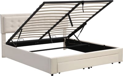 Tweepersoonsbed met opbergruimte en lades, Samtstof, Gestoffeerd bed, Lattenbodem, 160 x 200 cm, Beige