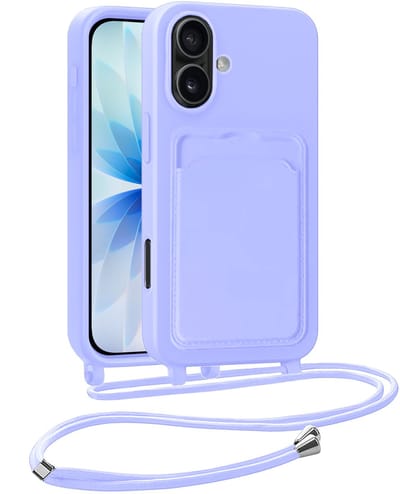 Hoesje Geschikt voor iPhone 17 Hoesje Met Telefoonkoord en Pasjeshouder Siliconen - Hoes Geschikt voor iPhone 17 Hoesje Met Kaarthouder Case - Lila