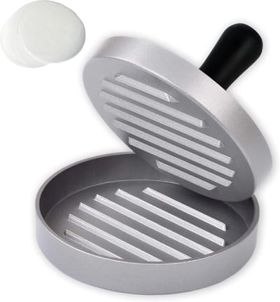 SnelShoppen - Burger Press Set met 100 Vellen Bakpapier - Hamburger Pers van Hoogwaardig Gecoat Aluminium - Perfect voor BBQ, Feest, Keuken, Camping