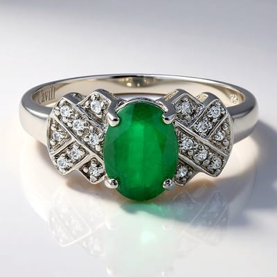 Cavill - Zilveren ring met Bahia smaragd 0,94 ct - 925 Sterling zilver geplatineerd - 16 zirkonen 0,12 ct - elegante ovale ring maat 17