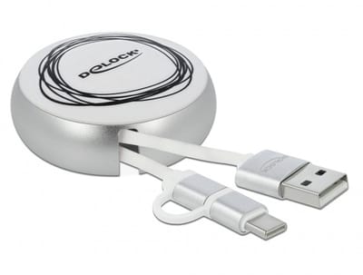 Delock USB 2 in 1 Retractable Cable Type-A to Micro-B and USB-C™ white / silver