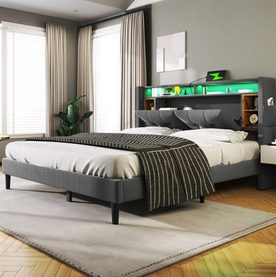 Gestoffeerd Bed 160x200 cm - Tweepersoonsbed Met Opberg Hoofdbord, Led en USB - Lattenbodem - Zonder Matras - Hout Metaal Stof - Grijs