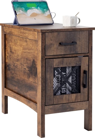 Farmhouse Bijzettafel, 3 Niveaus met Usb, Kast, Lade, Burlywood