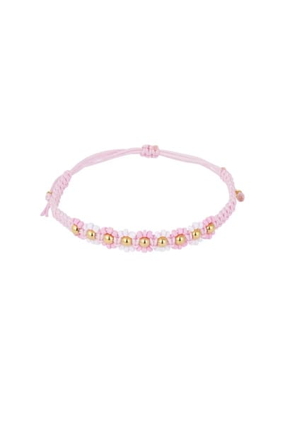 Armband - Yehwang - Gevlochten met bloemen - Roze - Goud - Polyester - Stainless Steel - Glas