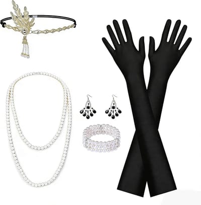 1920s Accessoire Set voor Vrouwen, Vintage Gatsby Kostuum met Hoofdband, Parels, Oorbellen, Armband en Lange Handschoenen, Perfect voor Feestjes en Themadagen