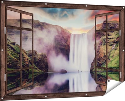 Gards Tuinposter Doorkijk Waterval met een Weerspiegeling in het Water - 150x100 cm - Tuindoek - Tuindecoratie - Wanddecoratie buiten - Tuinschilderij
