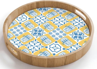 Dienblad rond 40x40 cm - Schootdienblad hout - Patroon - Tegel - Geel - Blauw - Borrelplank rechthoek - Plateau houten dienbladen