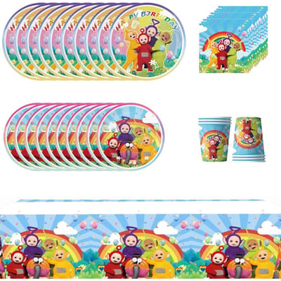 51 stuks Teletubbies Cartoon Servies Inclusief Borden Servetten Bekers Tafelkleed blue