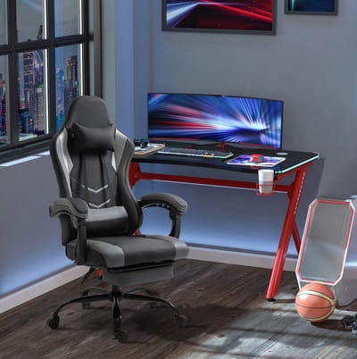 MEUNIQ Gamingstoel 62 x 52 x 122-128 cm met verstelbare rugleuning tot 160°, hoofdsteun, lendenkussen, uitschuifbare voetsteun en wielen, zwart