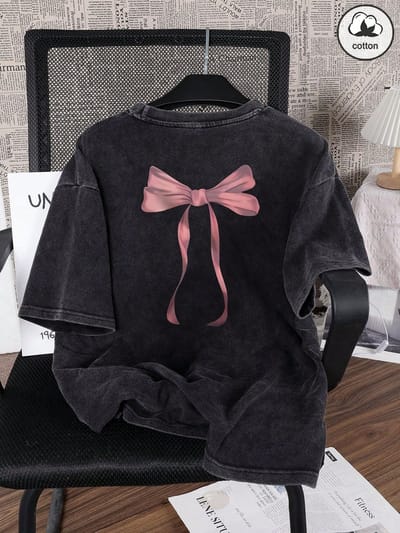 Trendy Gewassen zwarte Casual T-shirt met Elegante Strikprint - Comfortabel Katoen Basic Shirt - 4XL-5XL