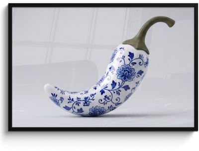 Poster in lijst - Fotolijst 120x80 cm - Posters - Chilipeper - Keramiek - Blauw - Posterlijst zwart - Decoratie - Wanddecoratie woonkamer - Muurdecoratie slaapkamer