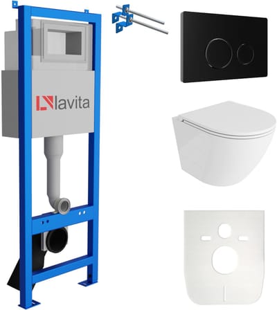 LAVITA® Inbouwreservoir Complete Toiletset LAV 101 - Inbouw WC Hangtoilet Wandcloset SOFI ONE Wit Hoogglans - Bedieningsplaat 200.4.4 Zwart - Voorwandelement voor toilet 40cm - Installatiesysteem