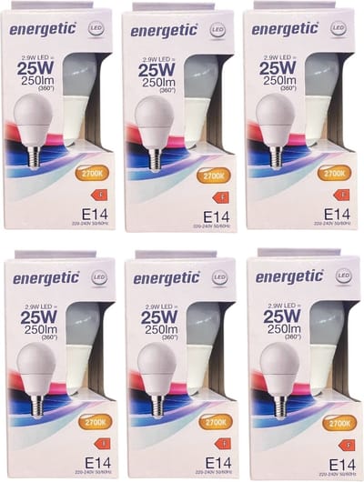 6 x Energetic Led Lamp E 14 Bol Warm Wit 2,9 w (25w)