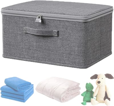 Opbergdoos met Deksel, 40 x 30 x 21 cm, Medicijnbox met Combinatieslot, Vouwbare Opbergkubus voor Kleding, Boeken en Speelgoed (Grijs)