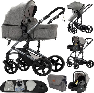 Comfortabele 3-in-1 Kinderwagen Set met Babykuip en Autostoeltje (Grijs)