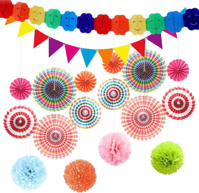 Kleurrijke Feestdecoratie Set met Papieren Fans, Ballen en Vlaggenlijn voor Verjaardag en Feestjes Thuis