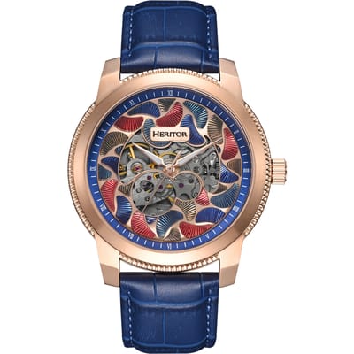 Heritor Automatic Emmanuel Semi-Skelet leren band horloge - Roségoud/Blauw