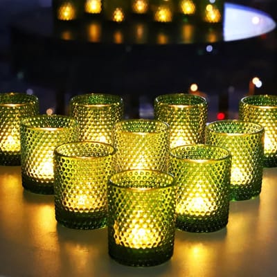 Lichtgewicht Glazen Theelichten voor Kerstdecoratie, Bubble Tea Kaarsenhouders, Set van 12, Vintage Groene Theelichten voor Kamer, Tuin, Bruiloften en Feesten, 5.5W x 6.5cm
