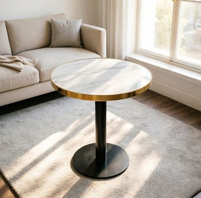 Bijzettafel - Rond Tafelblad Met Marmerlook En UV Coating - Compact Voor Woonkamer Of Slaapkamer - MDF En Metaal - 60 x 60 x 73,7 Cm - Wit Goud Zwart