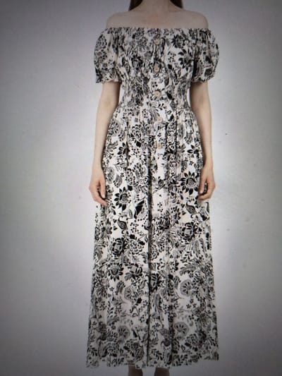 Lange dames jurk Claudine-gebloemd motief-wit zwart-Maat S/M-strandjurk-zomerjurk