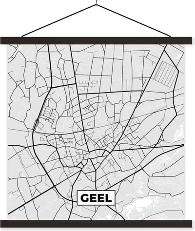 Posterhanger incl. Poster 60x60 cm - Schoolplaat - Zwart Wit – België – Plattegrond – Stadskaart – Kaart – Geel - Textielposter - Zwarte latten - Stadskaart