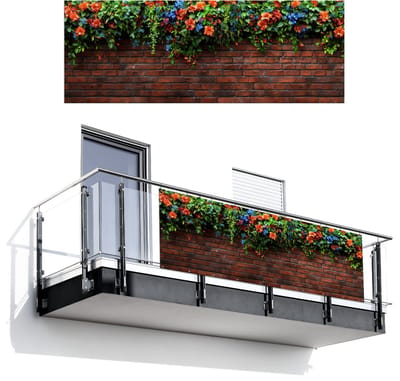 Balkonscherm 300x110 cm - Balkonposter Bloemen - Muur - Groen - Oranje - Balkon scherm decoratie - Balkonschermen - Balkondoek zonnescherm