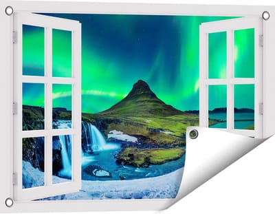 Gards Tuinposter Doorkijk Noorderlicht bij de Watervallen in IJsland - 60x40 cm - Tuindoek - Tuindecoratie - Wanddecoratie buiten - Tuinschilderij