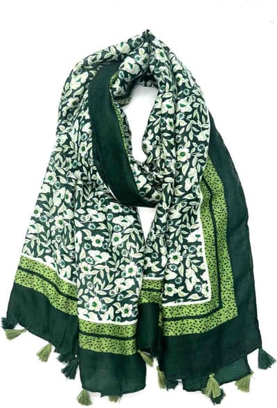 Lange dames sjaal Hennie gebloemd motief groen wit donker lime donker evergreen