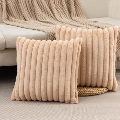 OKWISH Kussenslopen – Fluwelen Kussensloop Set Met Zachte Kussenslopen Voor Couch, Slaapkamer En Woonkamer – Effen Gestreept Design – Lichtbruin – 50x50 cm