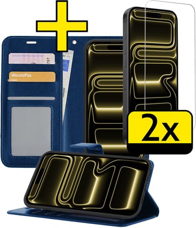 Hoesje - Met 2x Screenprotector - Geschikt voor Apple iPhone 17 Pro - Luxe Pasjeshouder - Bookcase Portemonee - Flip Case - Kunstleer Book Case - Flipcase Hoes - Book Cover - Walletcase - Portemonneehoes - Telefoonhoesjes - Donkerblauw