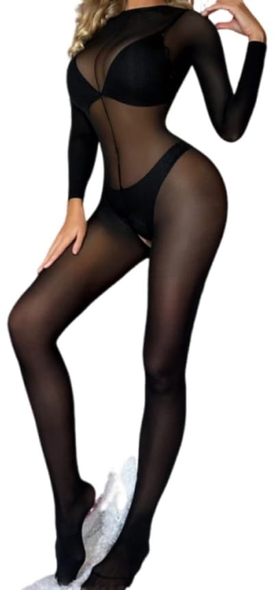 Dailygoods- Bodystocking Zwart - Transparante Netstof - Lange Mouwen - Elastisch Nylon - Perfecte Pasvorm - Ademend Materiaal - Ondergoed