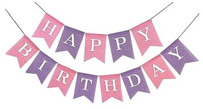 Jute Happy Birthday-banner in roze en paars - Vooraf geregen en klaar om op te hangen